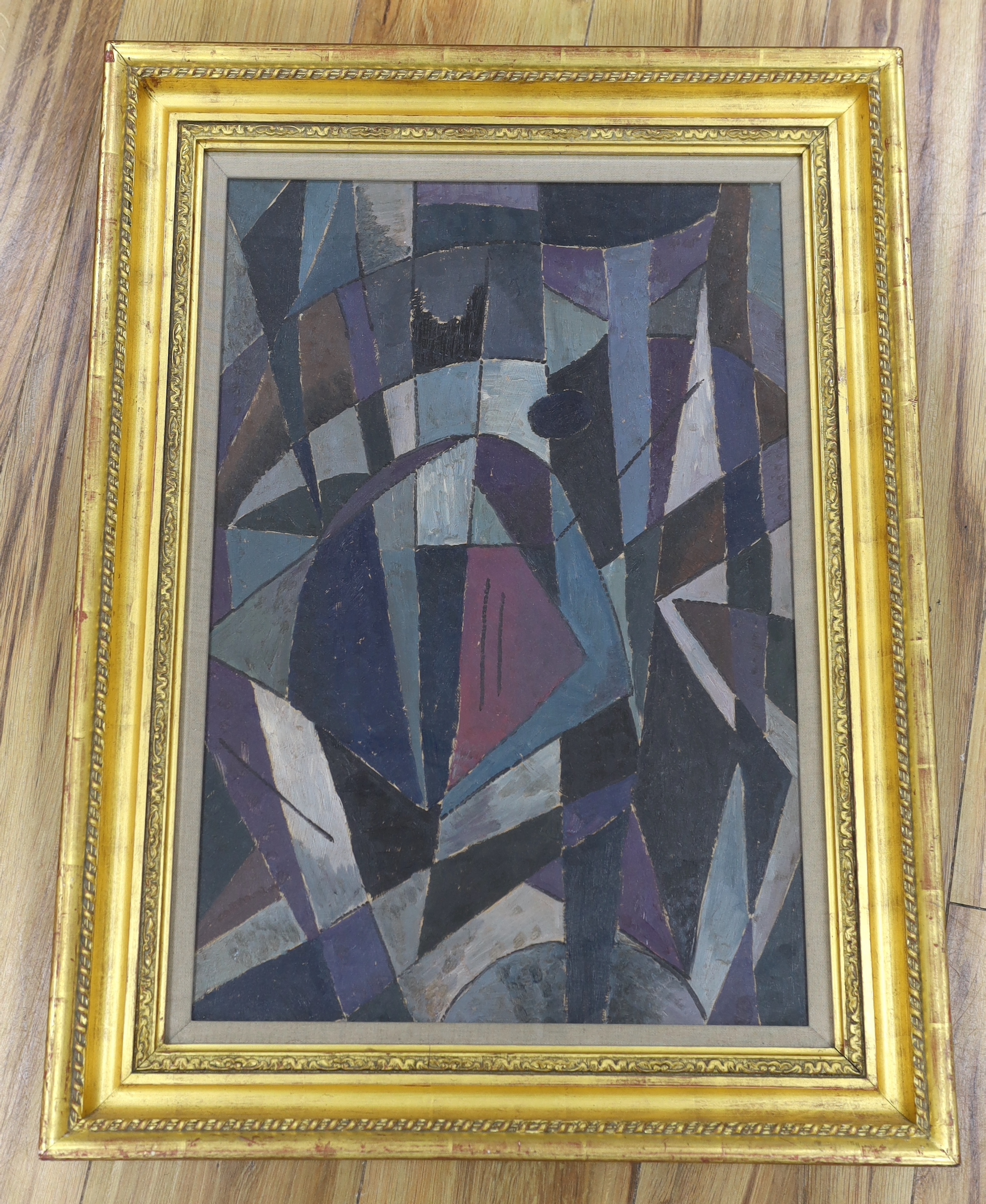 Abstract oil on board, geometric shapes, 53 x 36cm, gilt frame